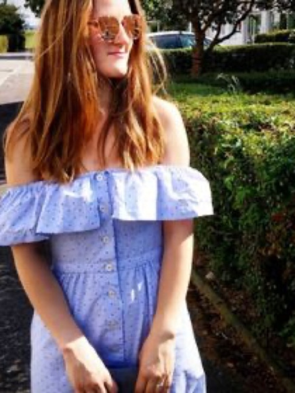 🩵 H&M Off Shoulder Midi Dress ✨ Blue Polka Dot Ruffle Button Front – Size 8 - Picture 2 of 7